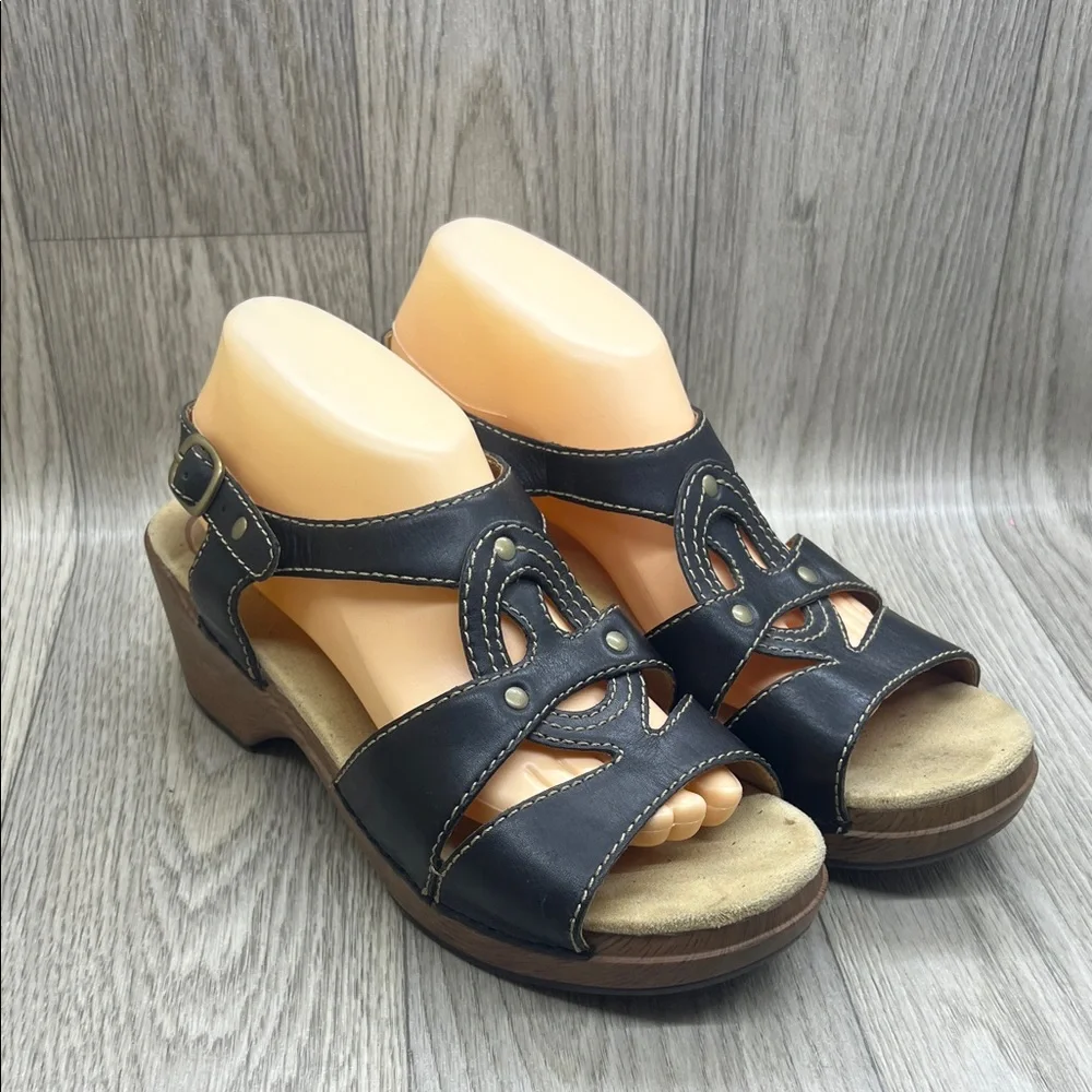 Dansko Black and Tan Wedge Sandals